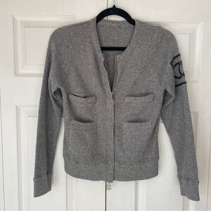 CHANEL 100% Wool Grey Zip Up Logo Sweater Jacket Small
